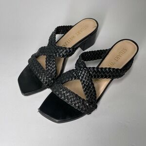 Stuart Weitzman Sandals Black Woven Leather Strappy Open Toe Slip On Womens 6.5
